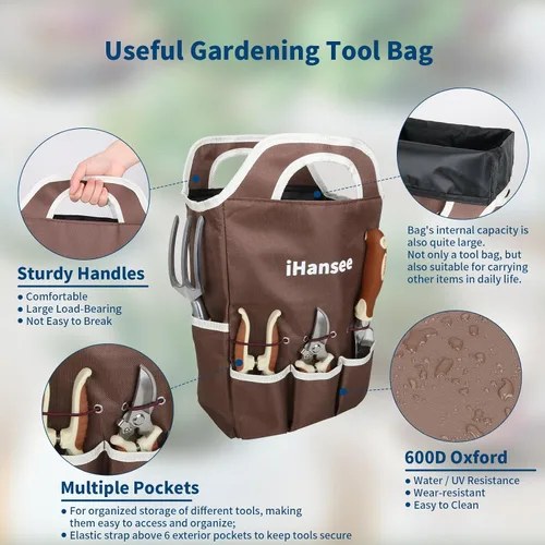 Vista 3 de Juego de herramientas de jardinería marrón de 12 piezas, kit de herramientas de mano de jardín con mango ergonómico antideslizante, bolsa