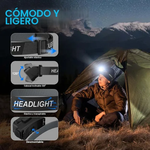 Vista 5 de Linterna frontal recargable 2 unidades, 8 LED, 2500 lúmenes, lámpara de cabeza ultraligera y brillante con sensor de movimiento, impermeable