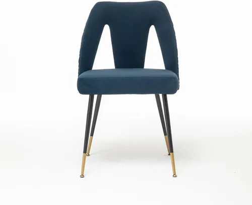 Vista 3 de Silla de comedor tapizada de terciopelo con patas de metal y respaldo abierto, decoración de remaches, silla auxiliar contemporánea, para comedor
