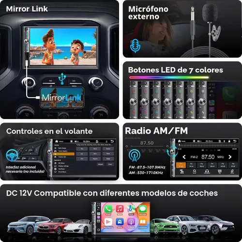 Vista 4 de Estéreo de auto de doble DIN de 7 pulgadas, Apple Carplay inalámbrico y Android Auto, pantalla táctil HD, Bluetooth, 240W, SWC, salida de subwoofer