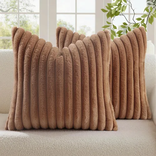 Vista 56 de decorUhome Fundas de almohada de piel sintética, juego de 2, decorativas, afelpadas, suaves, afelpadas, a rayas, parte posterior de terciopelo