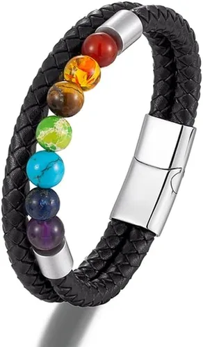 Vista 5 de Zboro - Pulsera de 7 chakras con cuero genuino para hombres y mujeres, cristal natural, curativo para la ansiedad, pulsera de meditación