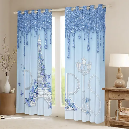 Vista 2 de Cortina de ventana de París, cortina floral de la Torre Eiffel para decoración de habitación de niños, niñas, mujeres, niños, cortinas con purpurina
