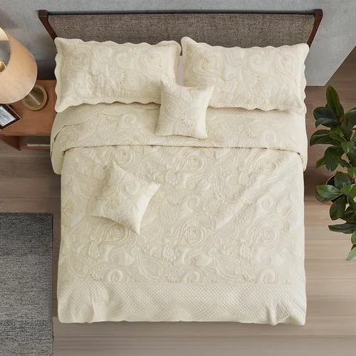 Vista 5 de Colcha extragrande tamaño King, diseño de patrón paisley, funda de cama ligera, reversible, 5 piezas, 100% microfibra, amarillo marfil Cobertura