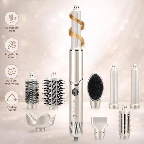 Vista 2 de Cepillo secador de pelo 8 en 1 con rizador de envoltura automática, rizador de 1.25 pulgadas, secado rápido, plegable, 110,000 rpm, para mujeres