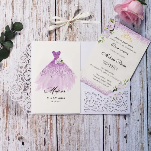 Vista 9 de 50 unidades de invitación de boda personalizadas burdeos con sobres, corte láser, bolsillo hueco de flora con invitaciones de cinta