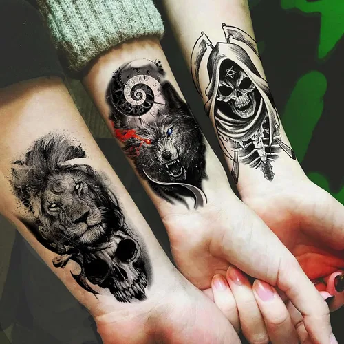 Vista 7 de 70 hojas de tatuajes temporales realistas en 3D de antebrazo, lobo, tigre, león, para hombres y mujeres, brazo del muslo, calavera aterradora