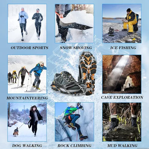 Vista 6 de Crampones - Tacos de hielo, tracción para zapatos y botas, 19 tachuelas antideslizantes de acero inoxidable, tacos de nieve seguros para senderismo