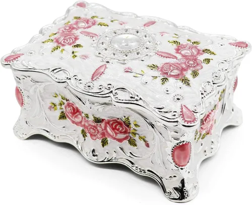 Vista 12 de Caja de joyería de lujo vintage rectangular de aleación de metal con organizador de baratijas y patrón de rosas para mujeres y niñas, diseño de dos
