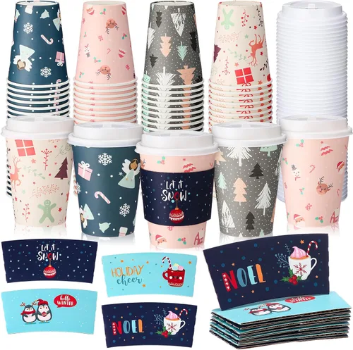 Vista 15 de Yungyan Paquete de 100 Tazas de Café Desechables de Navidad de 12 oz con Tapas y Mangas Tazas de Café de Papel Aisladas con Tapas Abovedadas