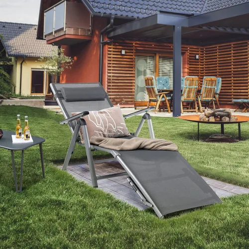 Vista 2 de HAPPYGRILL Sillón de aluminio para patio con respaldo ajustable de 8 posiciones, reposapiés de 2 posiciones, cómodo reposacabezas, silla reclinable
