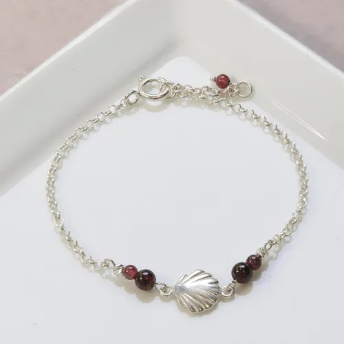 Vista 4 de Pulseras de plata de ley 925 para mujer, cuentas redondas de 0.118 pulgadas con dije de plata de ley de concha de mar, cadena ajustable de 6.3-7.1