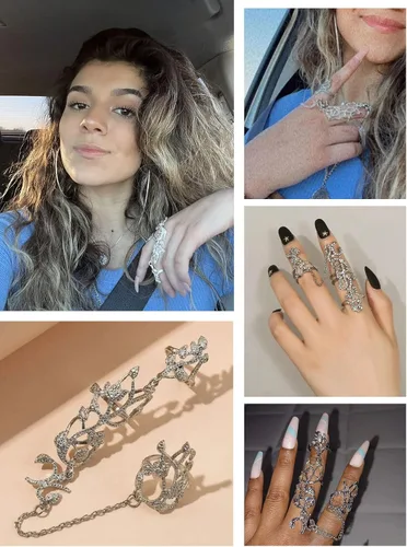 Vista 5 de Anillo de dedo completo para mujer, cadena de mano, dije de hoja, anillo de dedo con cadena nudillo, anillo de dedo largo abierto, cadenas de mano
