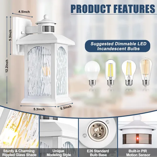 Vista 6 de Aplique de pared con sensor de movimiento para exteriores, iluminación blanca con sensor de movimiento del atardecer al amanecer, luces de pared