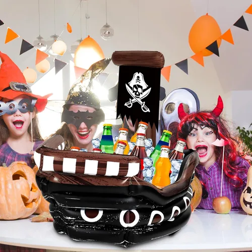 Vista 6 de Zhanmai Enfriador inflable de bebida de barco pirata, contenedor de comida inflable para verano, carnaval, Mardi Gras, fiesta de cumpleaños pirata