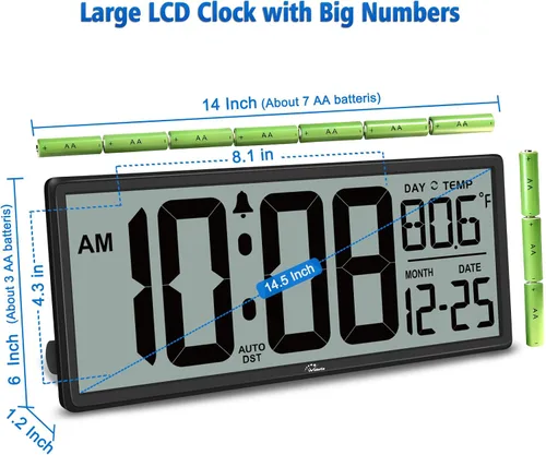 Vista 5 de WallarGe Reloj de pared digital grande de 14.5 pulgadas, funciona con pilas, con números gigantes, temperatura y fecha, fácil de leer y configurar