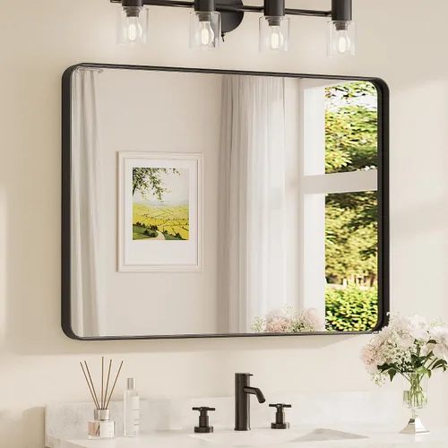 Vista 57 de Espejo de marco dorado cepillado de 16 x 24 pulgadas, espejo de tocador de baño de latón dorado para pared, espejo enmarcado rectangular de esquina