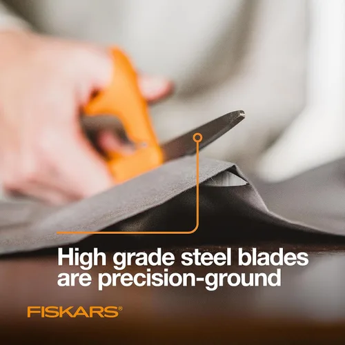 Vista 5 de Fiskars Tijeras originales de acero inoxidable con mango naranja de 8 pulgadas, ergonómicas y mantienen el material plano, tijeras afiladas