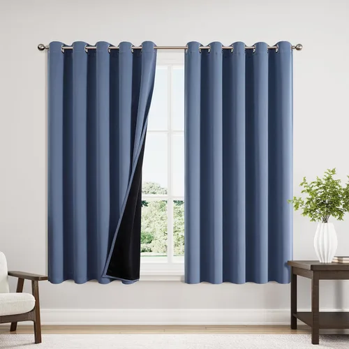 Vista 98 de ChrisDowa Cortinas 100% opacas de 63 pulgadas de largo para dormitorio con forro negro, 2 capas gruesas totalmente opacas con aislamiento térmico