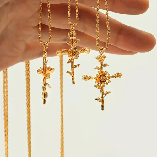 Vista 8 de MEVECCO Gold Birth Flower Cross Necklace for Women 12 Month Faith Pendent 18K Gold Plated 2MM Twist Rope Chain Personalized Religious Birthday