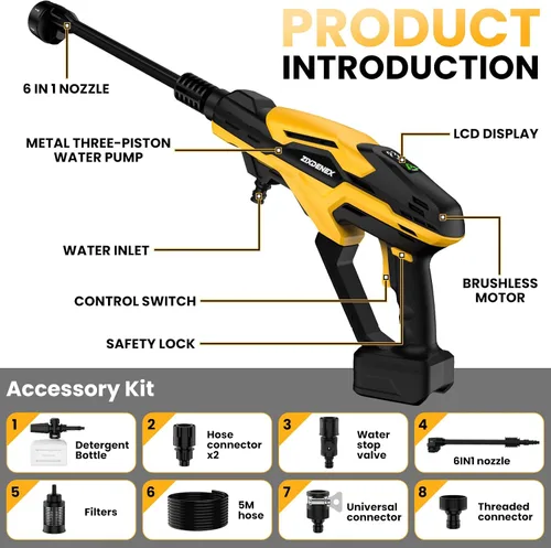 Vista 8 de Lavadora a presión inalámbrica para batería Dewalt 20V, lavadora de energía portátil de mano de 800 PSI con motor sin escobillas, boquilla 6 en 1, 3