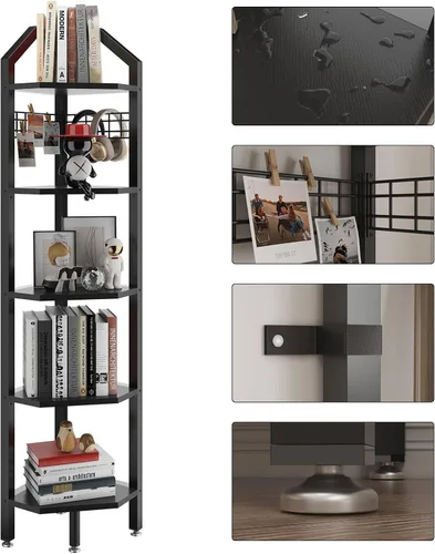 Vista 8 de YMYNY UHBR006B - Estante esquinero de pared de 5 niveles, estante de escalera de esquina, marco de metal, estante de exhibición con rejilla de Negro