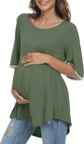 Vista 2 de Xpenyo Camisetas de maternidad con mangas acampanadas de encaje, camisetas tipo túnica de embarazo