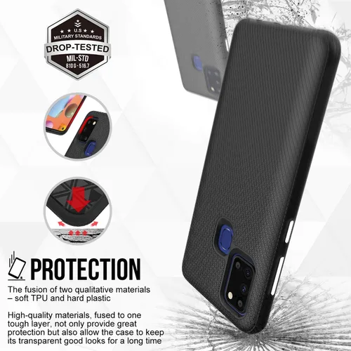 Vista 4 de Funda para Samsung Galaxy A21S, doble capa, agarre mejorado, arañazos, textura rígida, botón independiente (negro)