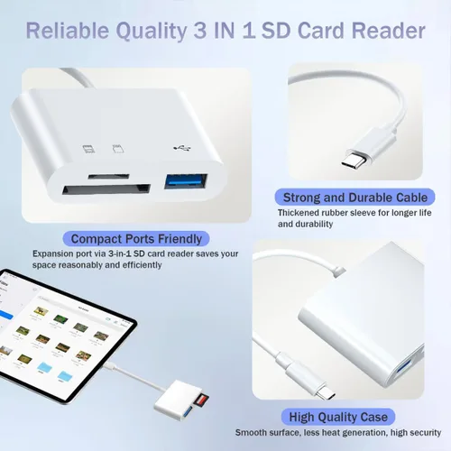 Vista 6 de Lector de tarjetas SD 3 en 1 USB C, adaptador de tarjeta SD, lector de tarjetas de memoria compatible con Micro SD/SD/SDHC/SDXC para iPhone MacBook