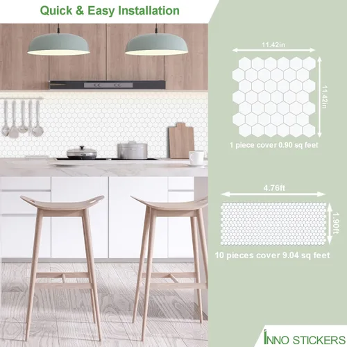 Vista 2 de Protector contra salpicaduras de 10 hojas hexagonales para despegar y pegar, 11.42" x 11.42" mosaico de mármol autoadhesivo de panal blanco