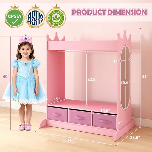 Vista 2 de COSVALVE Almacenamiento de Disfraces para Niños con Espejo y Cajones, Cómoda Armario para Niños, Armario de Almacenamiento de Disfraces para Niños
