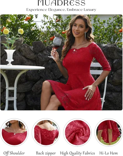Vista 3 de MUADRESS Vestido de fiesta de dama de honor de encaje floral para mujer, dobladillo alto y bajo, cuello en V, vestidos formales para boda, cóctel