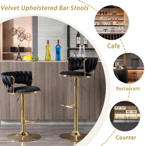 Vista 7 de Juego de 2 taburetes de bar de terciopelo giratorios con base de metal dorado, taburetes de bar modernos de altura de mostrador para cocina, pub