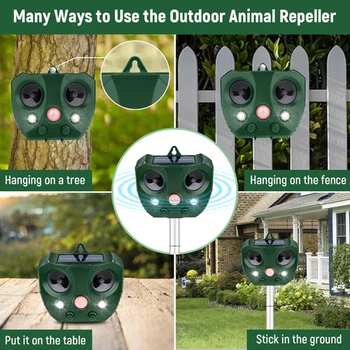 Vista 3 de Repelente de animales para exteriores, repelente de ardillas 2026, repelente ultrasónico para gatos con detección de movimiento y luz LED