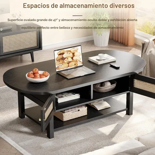 Vista 3 de LVB - Mesa auxiliar ovalada de 47 pulgadas, de madera de ratán bohemio con almacenamiento