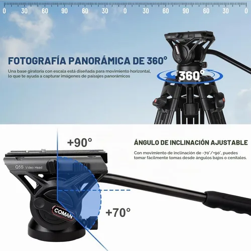 Vista 2 de COMAN - Trípode de video, trípode profesional resistente de 74 pulgadas con placa de liberación rápida y cabezal de fluido de 360°, soporte