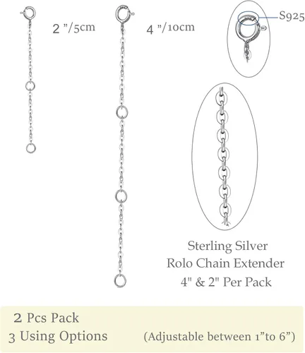 Vista 2 de Paquete de 2 extensores de collar de plata de ley, extensores de pulsera, cadena de longitud ajustable de 2 pulgadas y 4 pulgadas, Metal