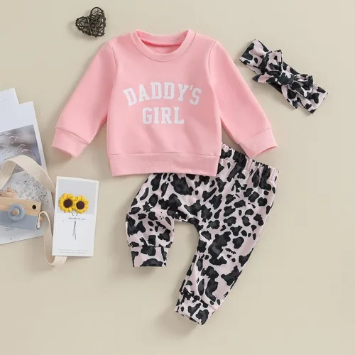 Vista 5 de CIYCUIT Conjunto de 3 piezas de sudadera de margaritas + pantalones + diadema, ropa infantil de otoño e invierno