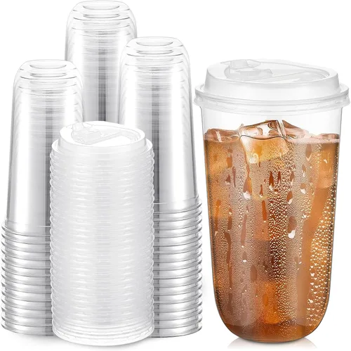 Vista 16 de Baderke Juego de 25 vasos de plástico transparente de 14 onzas con tapas, tazas de café helado resistentes con tapas, vasos de plástico desechables