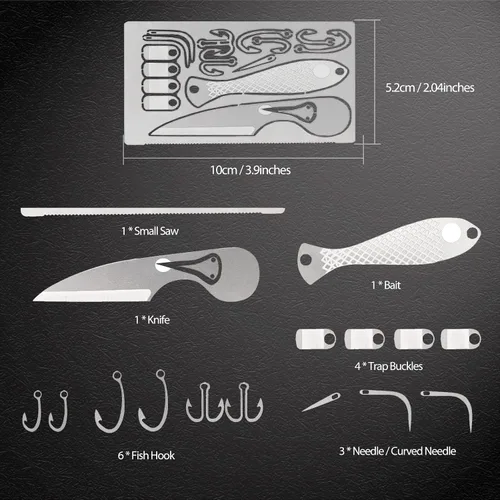 Vista 5 de Hukado Kit de 9 tarjetas de supervivencia multiherramienta para acampar con equipo de línea de pesca, cartera de tarjetas de crédito multiusos