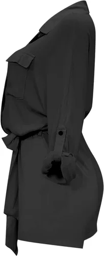 Vista 2 de ZHONKUI Mono de lino liso para mujer, elegante, de verano, manga corta, cuello de solapa, overoles cortos con cinturón
