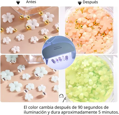 Vista 6 de Abalorios de uñas de flores 3D, 2 cajas de acrílico 3D de flores de arte de uñas y gemas blancas y rosas mezcladas con diamantes de imitación