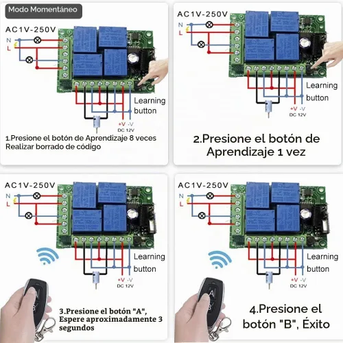 Vista 4 de QIACHIP - Relé de 12 V CC, mando a distancia inalámbrico con interruptor RF, control remoto de 4 canales, módulo 433 MHz, kit de transmisor y 1
