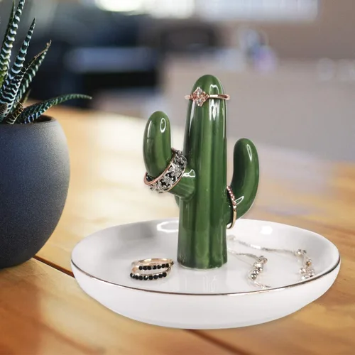 Vista 6 de AUTOARK Bandeja de joyería con soporte de anillo de cactus, AJ-206 Borde dorado