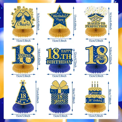Vista 7 de 9 piezas de decoración de cumpleaños azul marino dorado 18 centros de mesa de panal para decoración de mesa, decoraciones de feliz cumpleaños 18