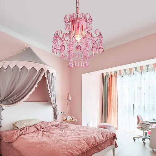 Vista 2 de Q&S Mini Lámpara de Araña de Cristal, Lámpara de Araña Rosa Moderna, Pequeña Lámpara Colgante para Habitación de Princesa, Vestidor, Baño, Tienda