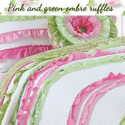 Vista 3 de Cozy Line Home Fashions Juego de ropa de cama reversible de 100 % algodón con volantes, color rosa y verde (flamenco, individual, 2 piezas)