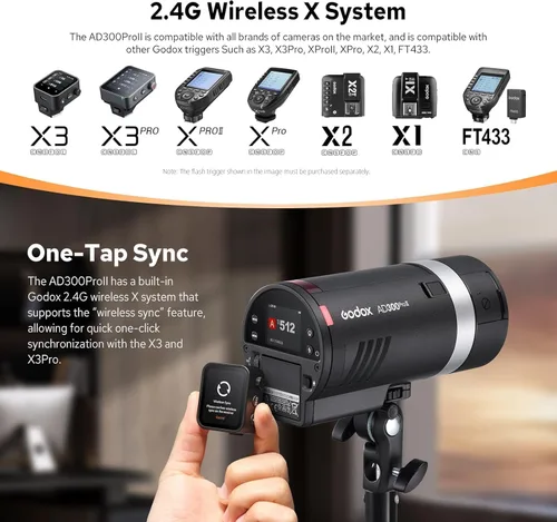 Vista 7 de Godox AD300 Pro II AD300Pro II - Estroboscópico flash para exteriores, 300 Ws 2.4G TTL 1/8000 HSS, 0.01-1.5s Reciclaje, 350 destellos de potencia