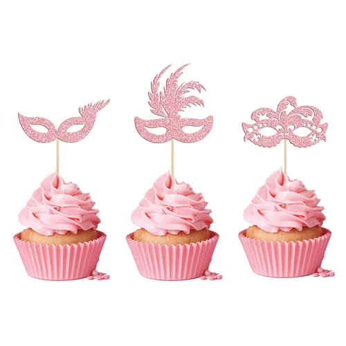 Vista 14 de Gyufise 24 máscaras de mascarada para cupcakes con purpurina para despedida de soltera, para cupcakes, comida y frutas, baile de máscaras, Mardi