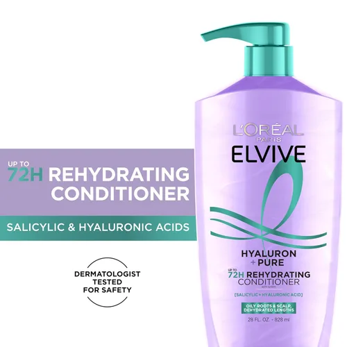 Vista 2 de L'Oreal Paris Elvive Hyaluron + Pure 72H Acondicionador rehidratante para cabello graso, acondicionador para cabello con ácido salicílico y ácido